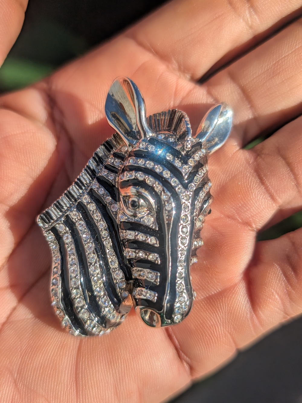 Zebra Head Crystal Enamel Lapel Pin - Silver & Black